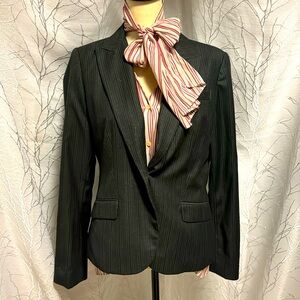 Black and grey pinstriped fitted short blazer